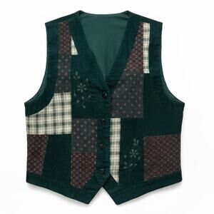Vintage Karen Scott Forest Green Patchwork Corduroy Vest Cottagecore Large Indie